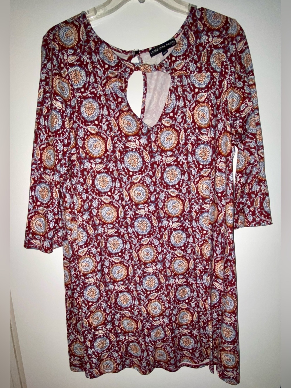 Three Hearts Burgundy Paisley Medallion Keyhole Tunic Dress